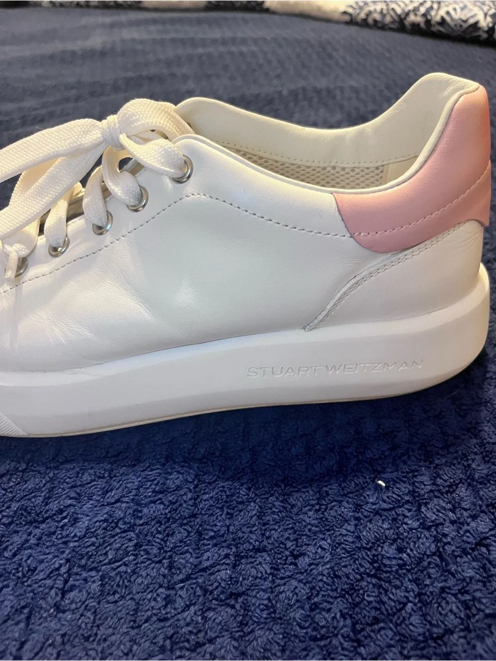 Stuart Weitzman White Leather Sneakers with Pink Heel Accent